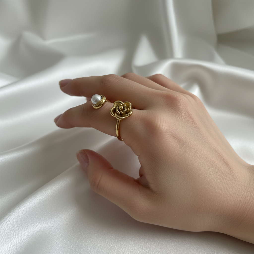 Bague rose et perle portée