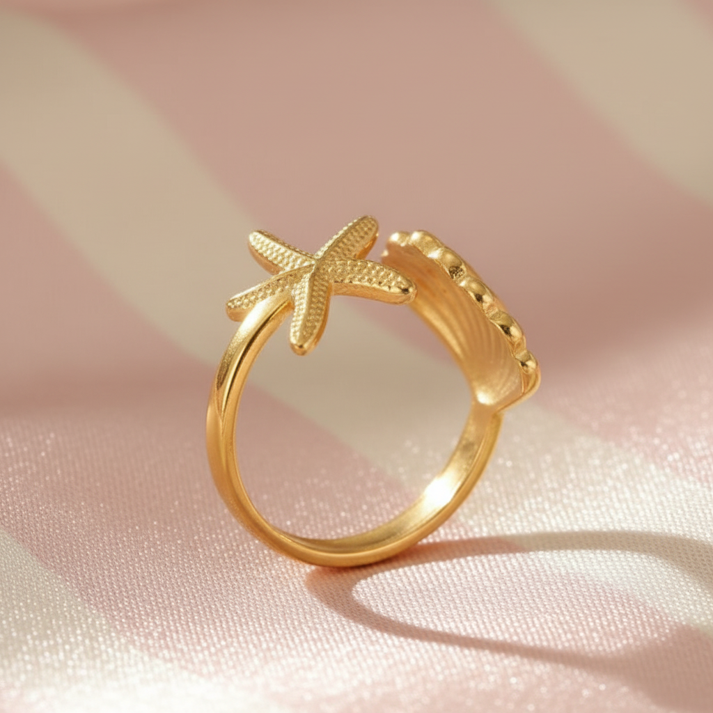 Bague étoile de mer & coquillage - vue de côté