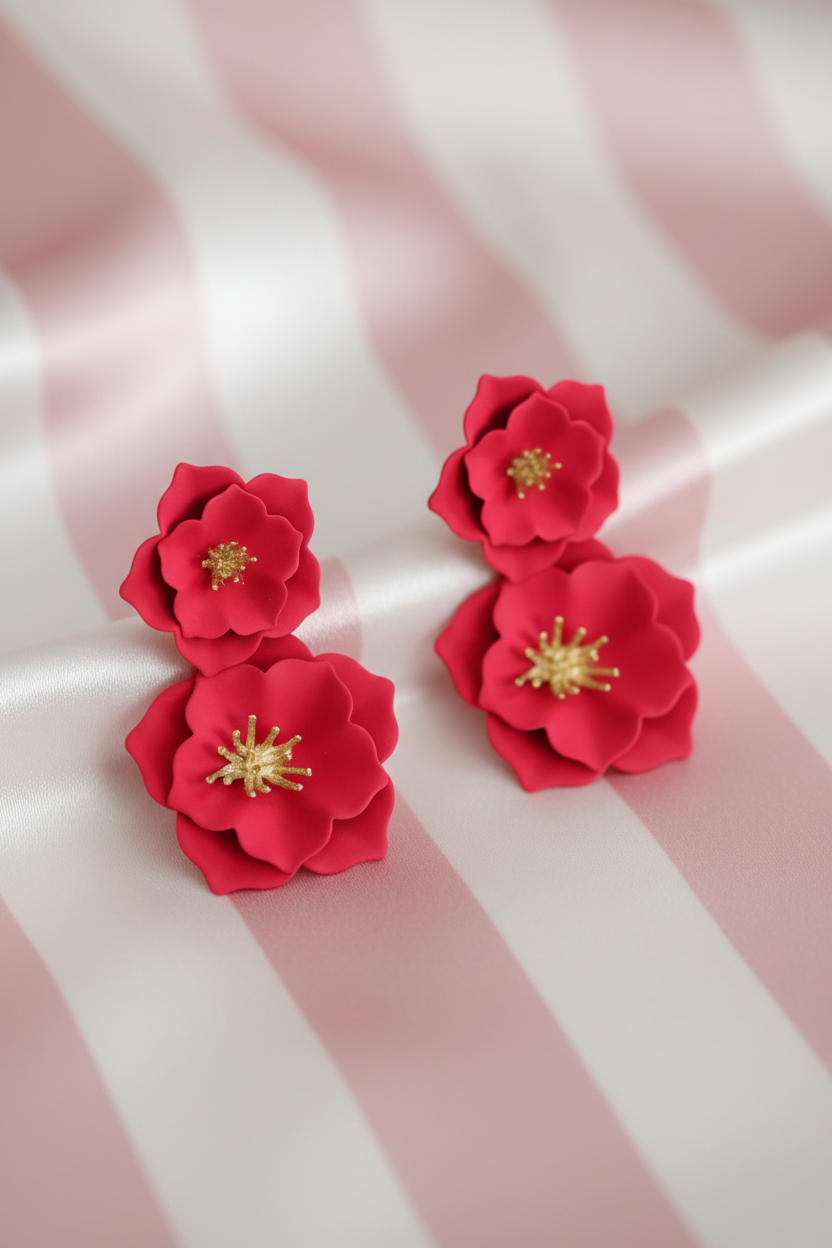Boucles d'oreilles fleur rouge gros plan – fond rayures rose poudré & crème