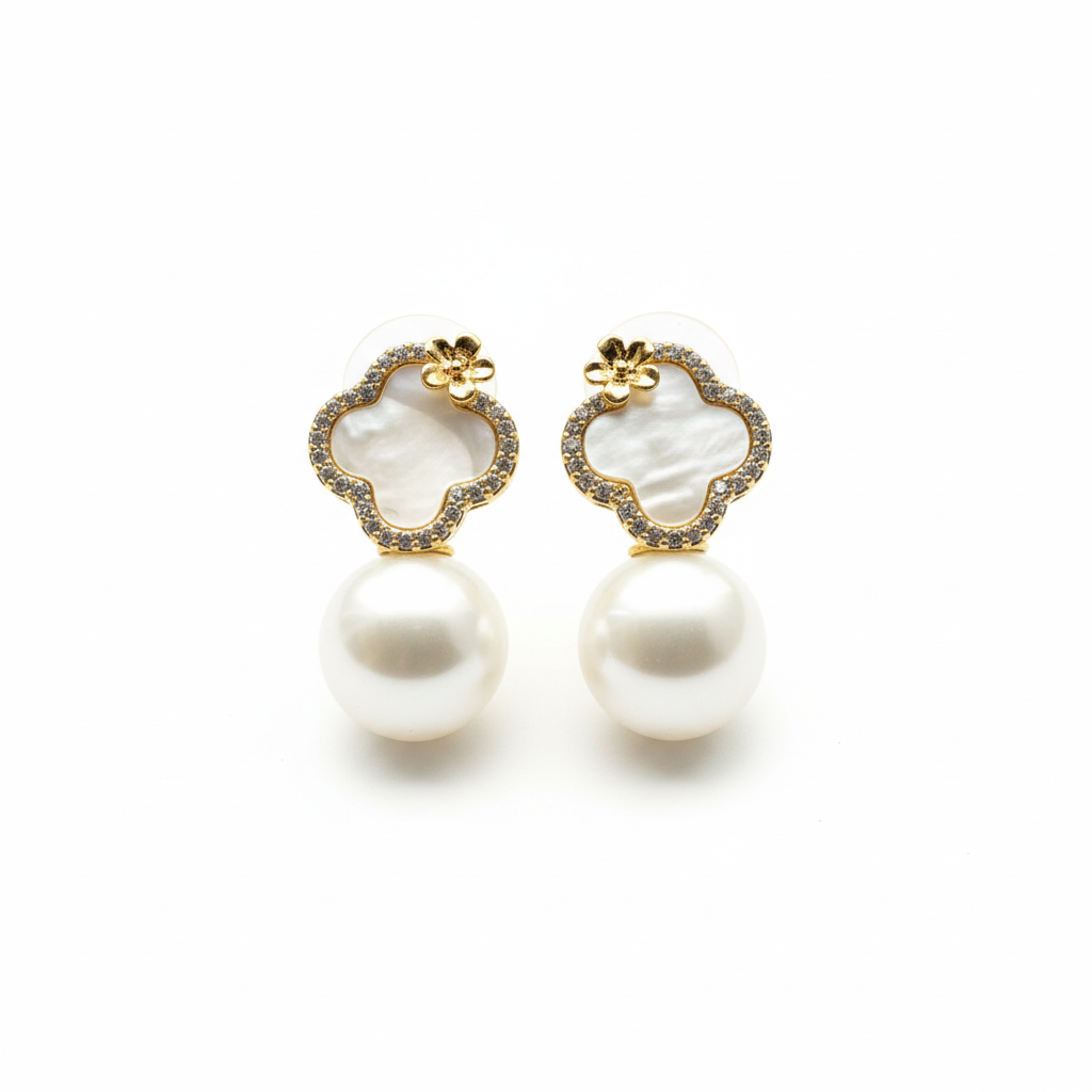 Boucles d'oreilles Perle de fleurs doré - Vue 1