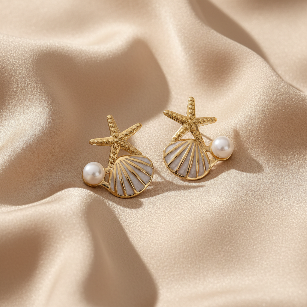 Boucles d'oreilles étoile de mer & coquillage – fond voile satiné
