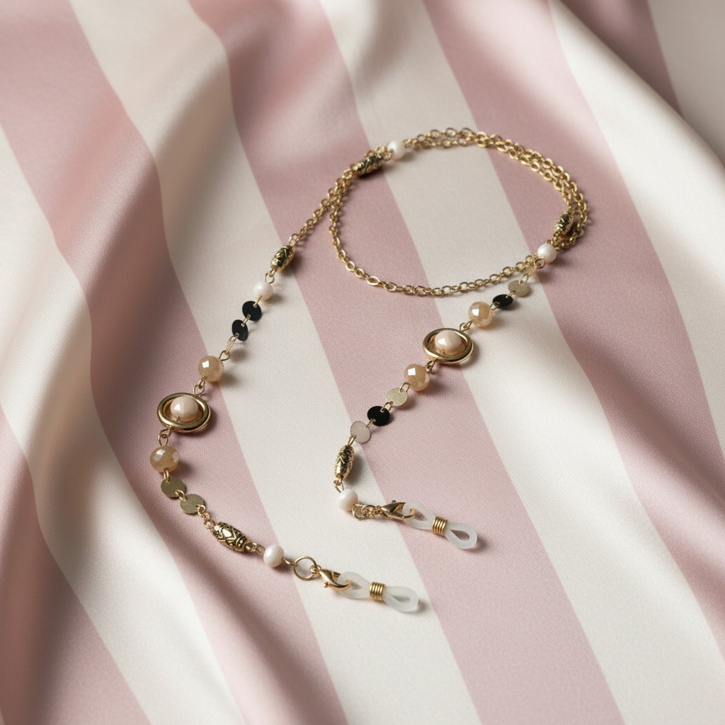 Chaîne lunettes beige - fond rose rayé satiné