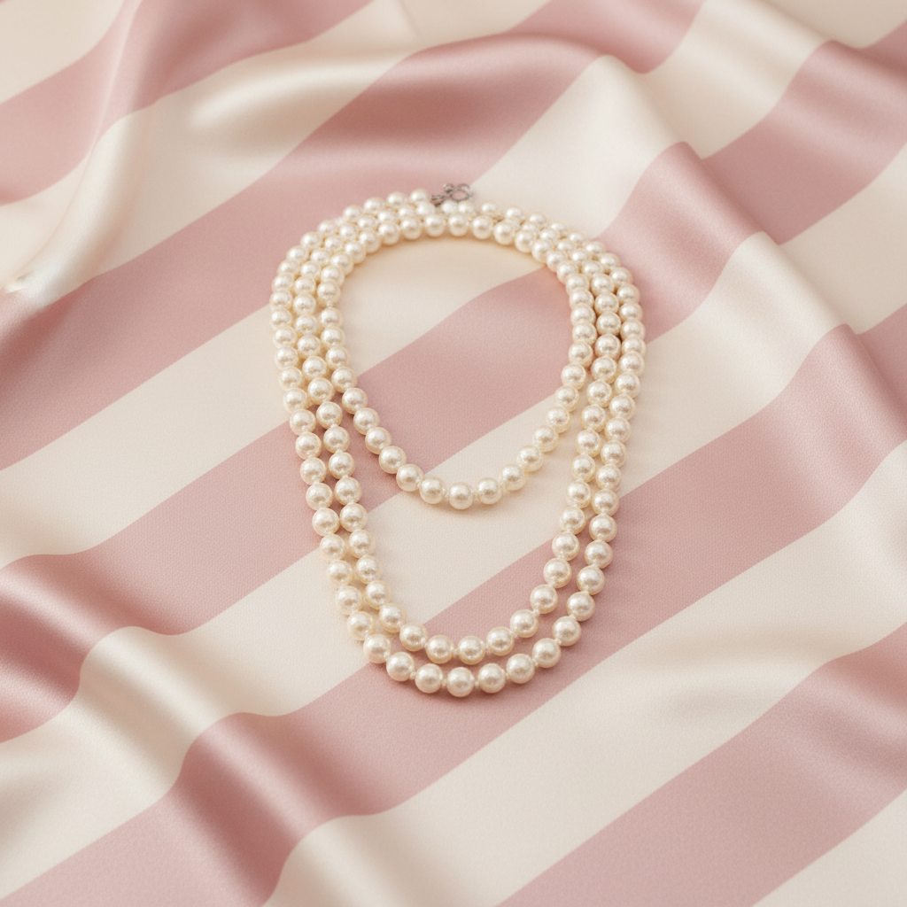 Collier long perles - fond satiné