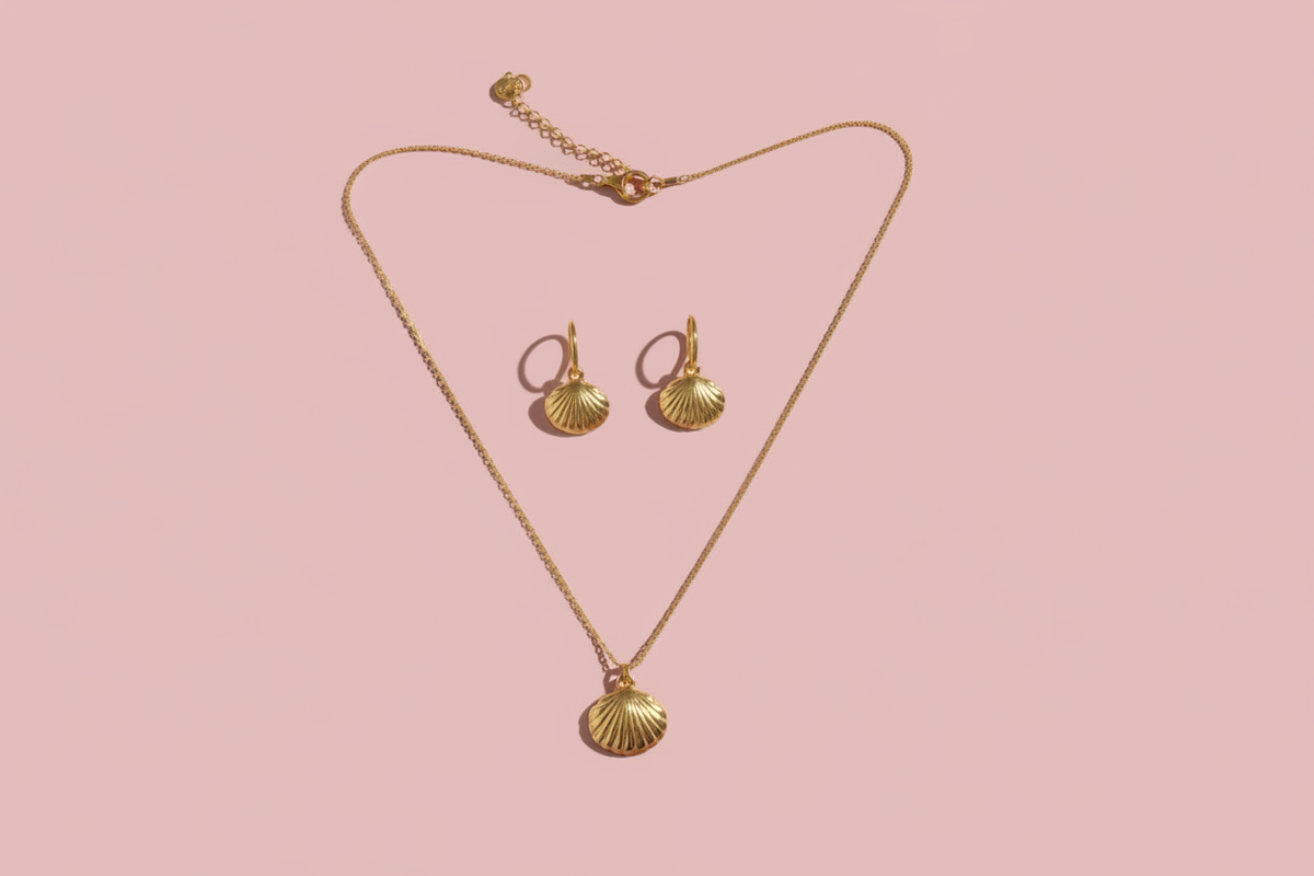 Coquillage flat lay fond rose