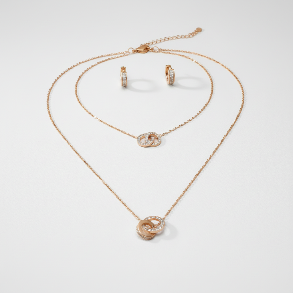 Parure anneaux en bronze - collier et boucles d'oreilles