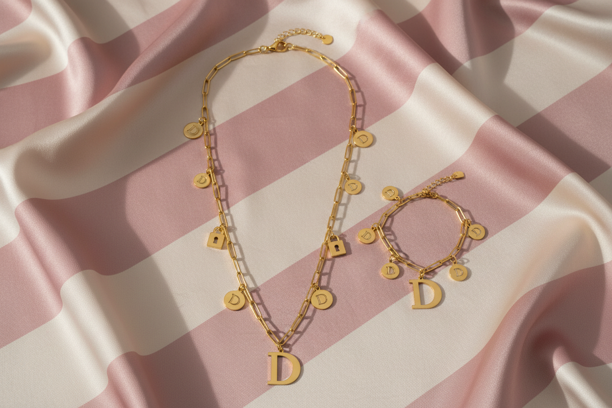 Parure charms D vue verticale fond satiné