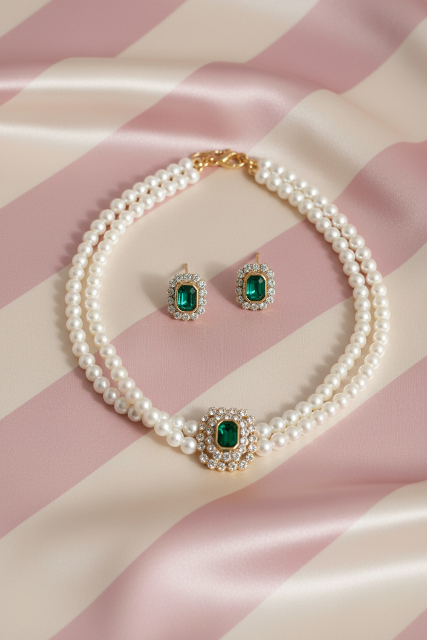 Set perles émeraude - gros plan - fond rayé rose crème