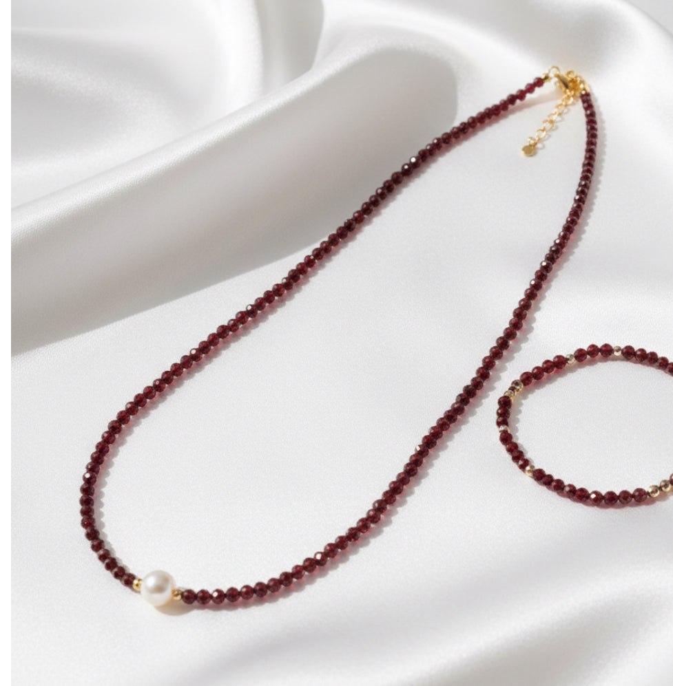 Parure Grenat & Perle - Collier et Bracelet