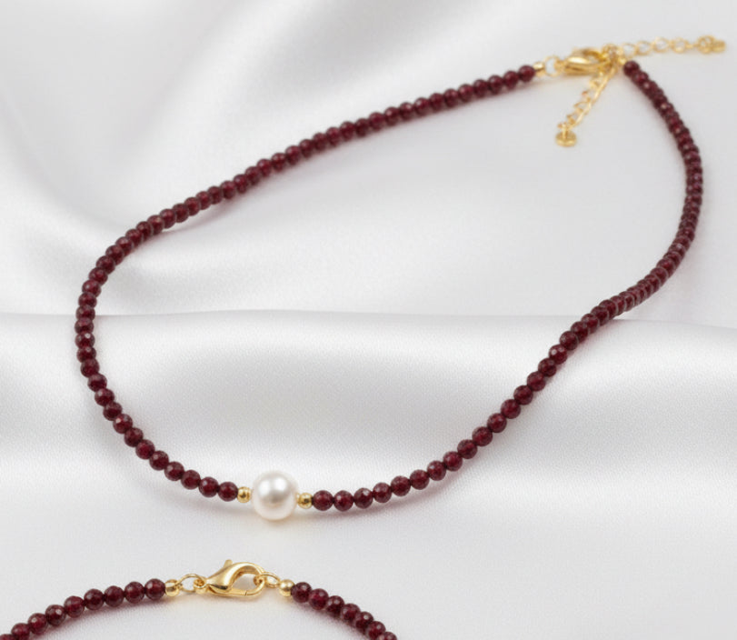 Parure Grenat & Perle - Collier et Bracelet
