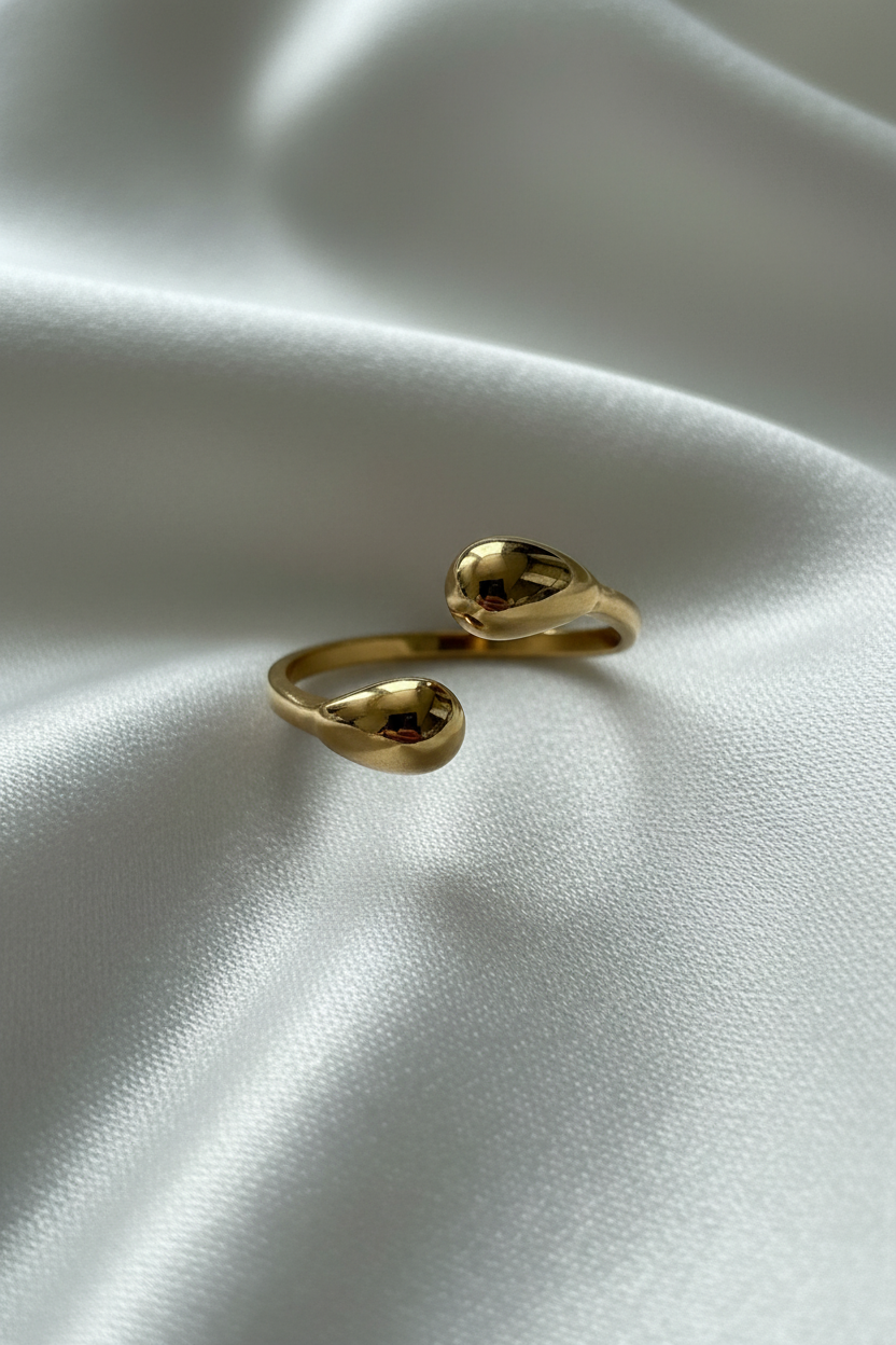 Bague Jonc Ouvert Double Goutte — Ajustable Dorée