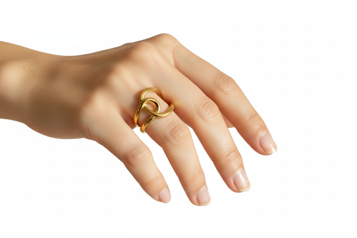 Bague abstraite dorée portée sur doigt