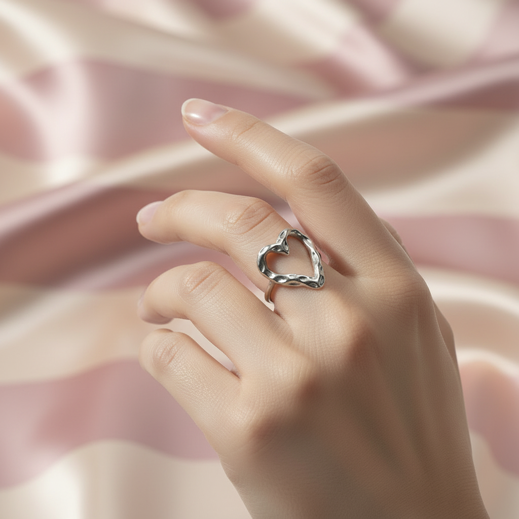 Bague cœur argent – main rayures