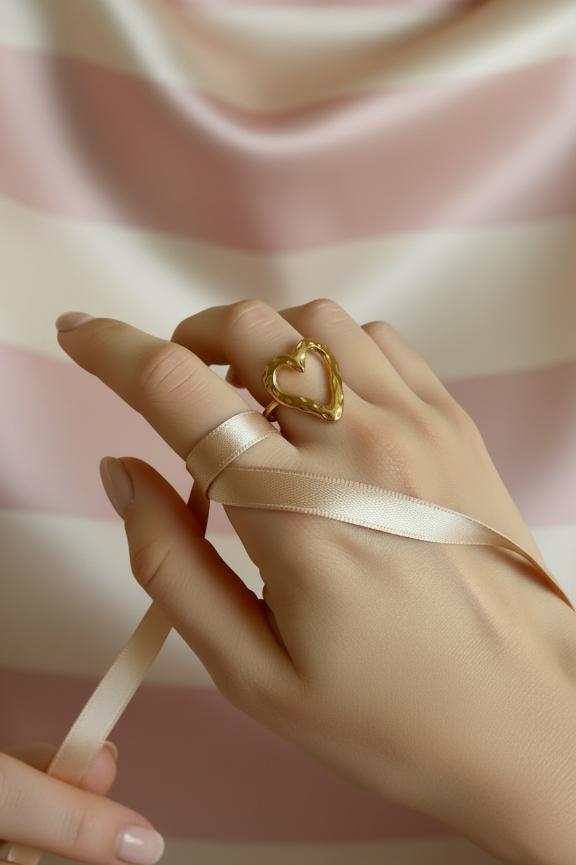 Bague cœur dorée fondu portée sur main sur fond rayures rose poudre et crème satiné