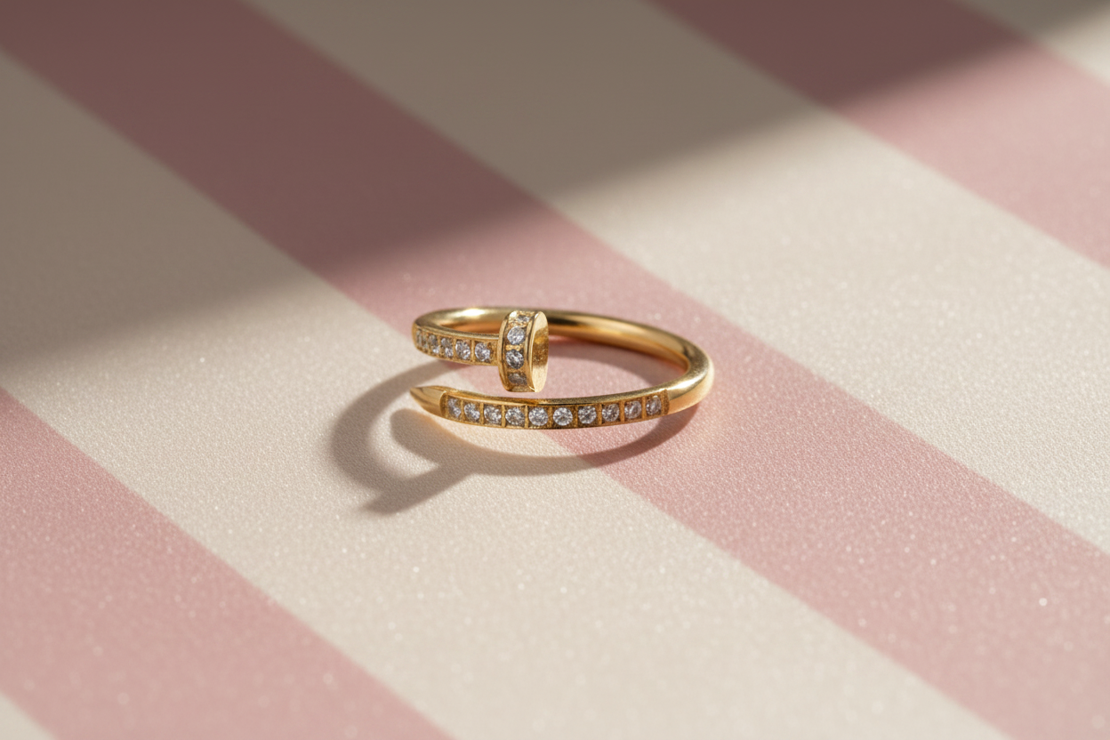 Bague clou dorée fond satiné rayures rose poudre crème angle 2