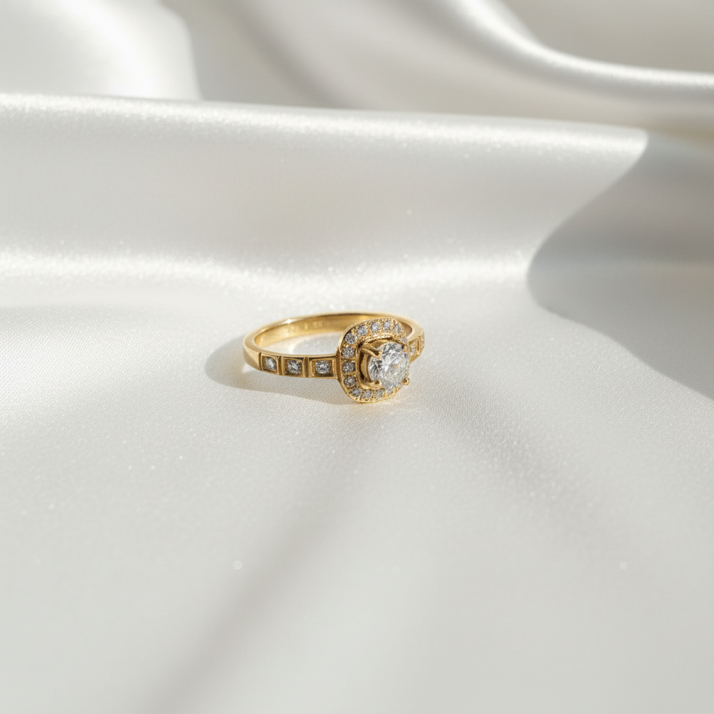 Bague diamant sur soie blanche satinée - vue 1