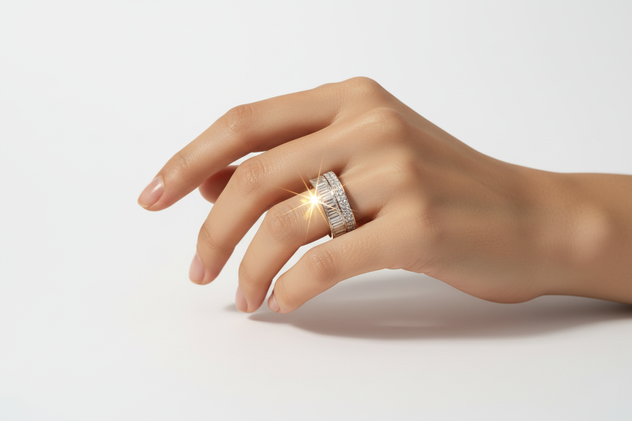 Bague diamants portée sur fond blanc