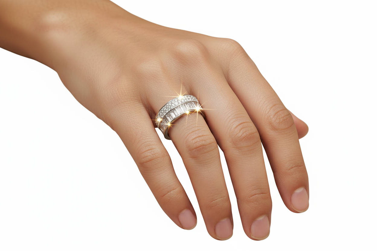 Bague diamants portée sur fond blanc
