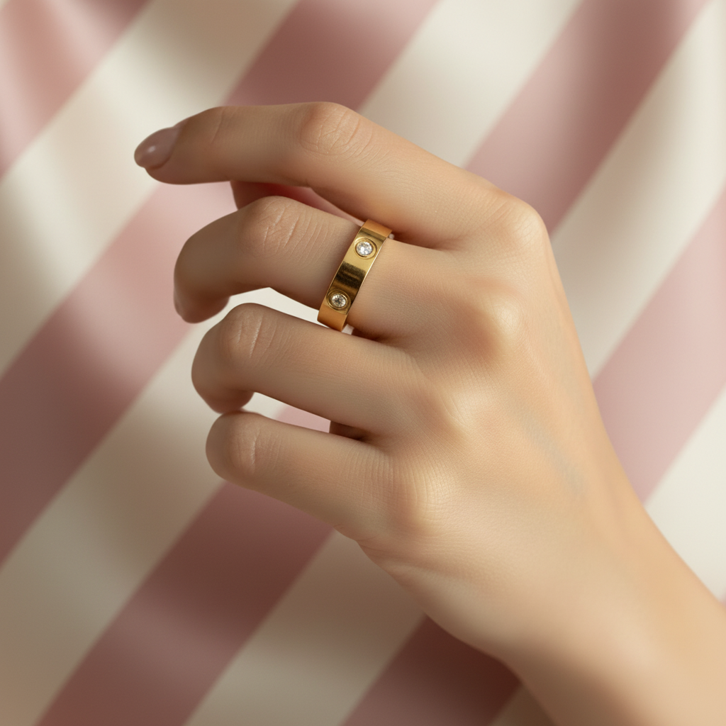Bague dorée cristaux portée - fond rose rayé satiné
