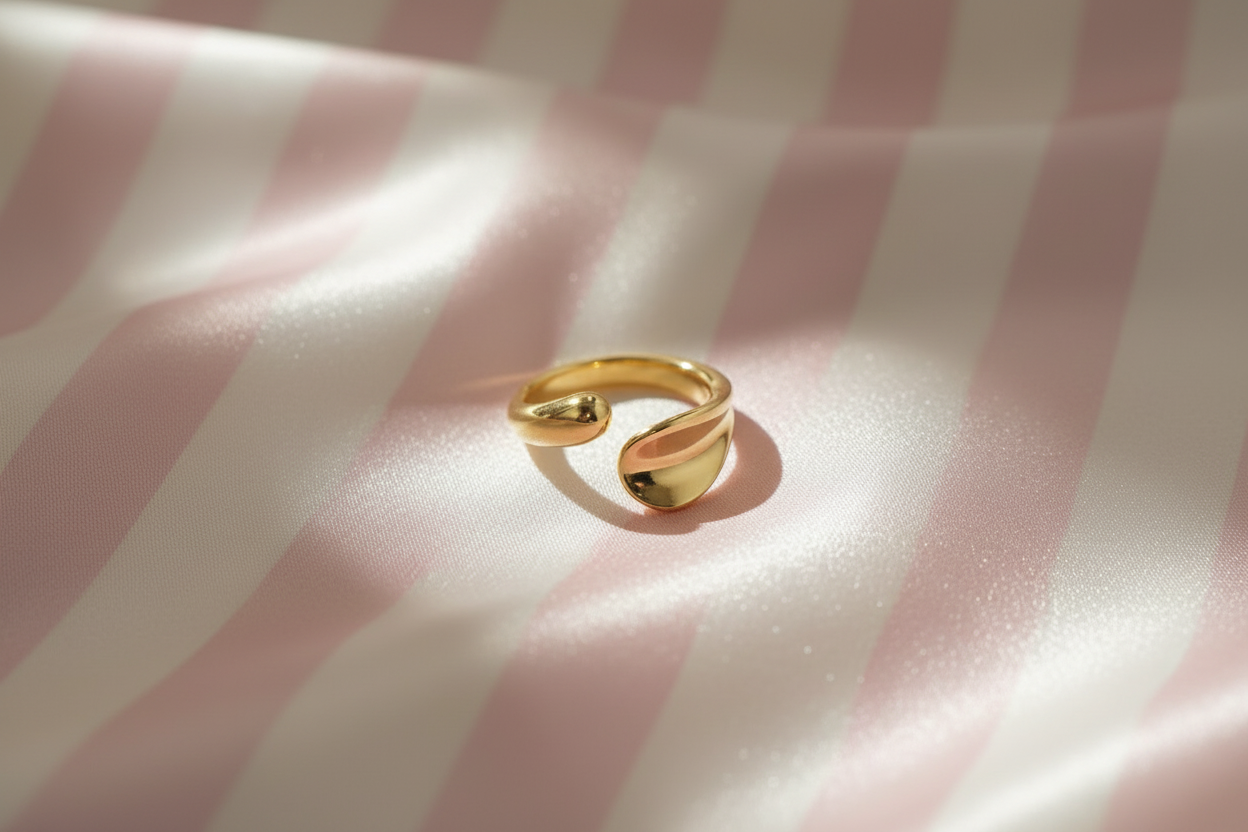 Bague dorée fond satiné rayures rose poudre crème angle 2