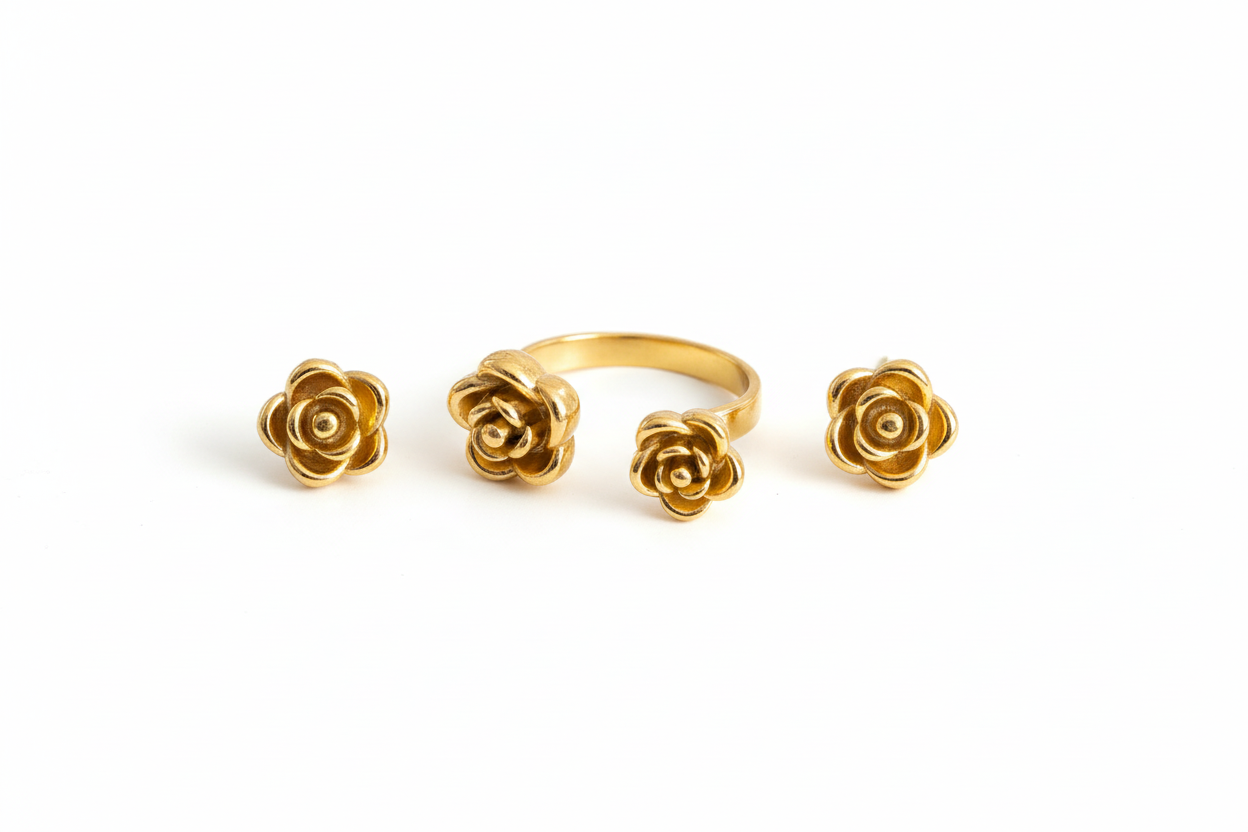 Bague et boucles rose dorées sans tissu