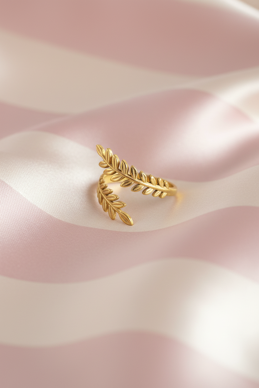 Bague feuilles dorée vue en angle sur rayures rose poudre et crème satiné