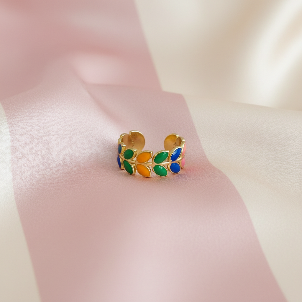 Bague feuilles multicolore - fond rayé rose satiné 2