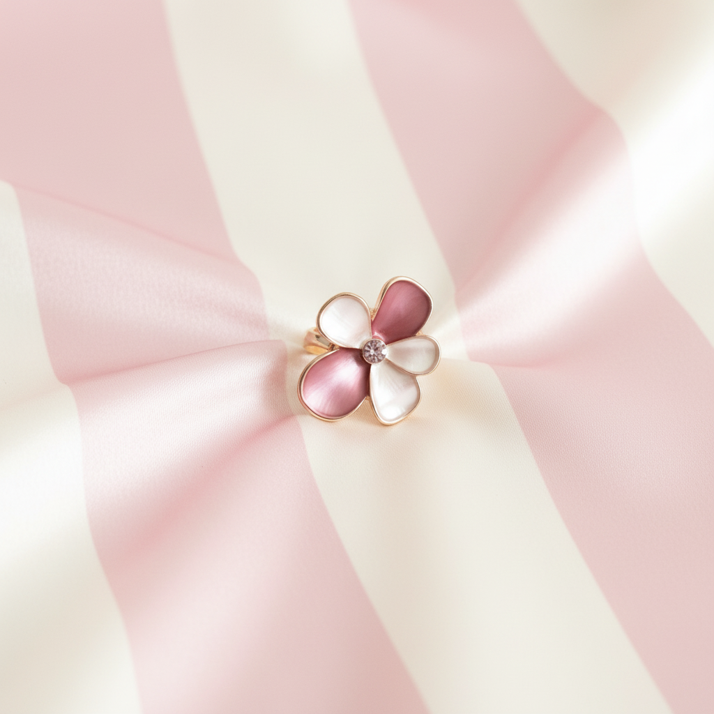 Bague fleur rose - fond rayé rose satiné 1
