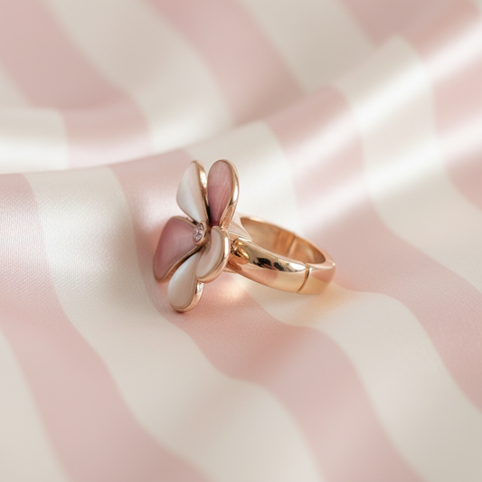 Bague fleur rose - fond rayé rose satiné 3