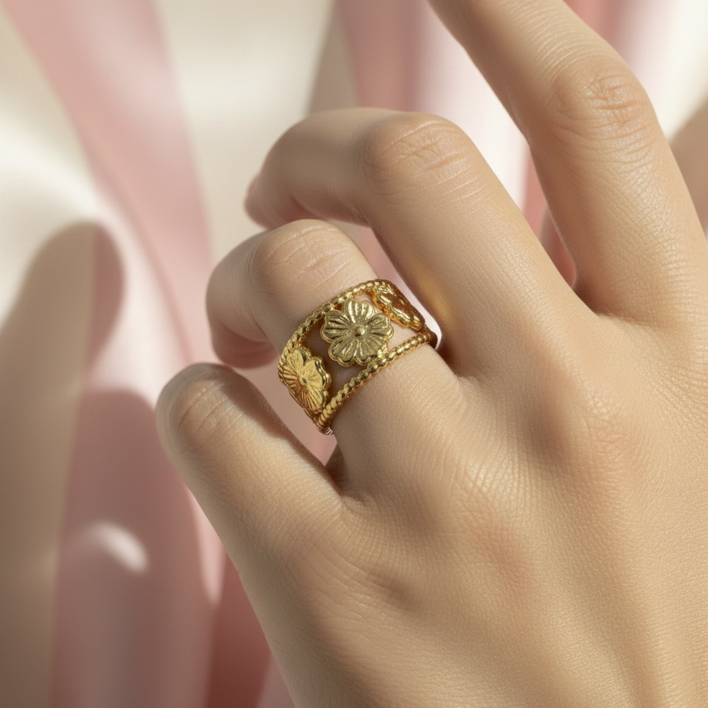 Bague hibiscus dorée – main rayures