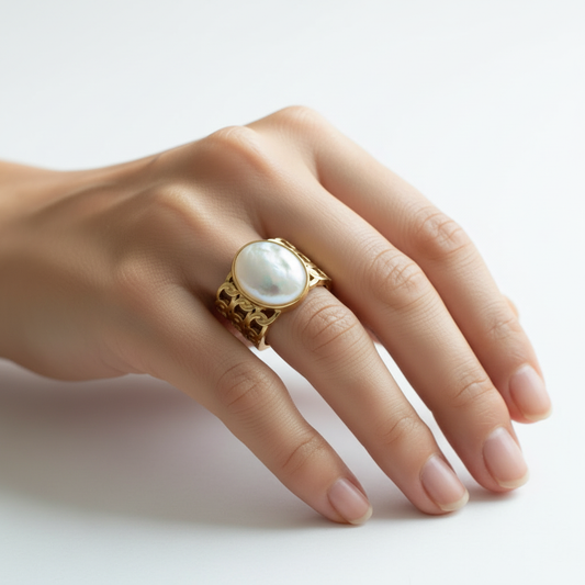 Bague Iris portée sur fond blanc