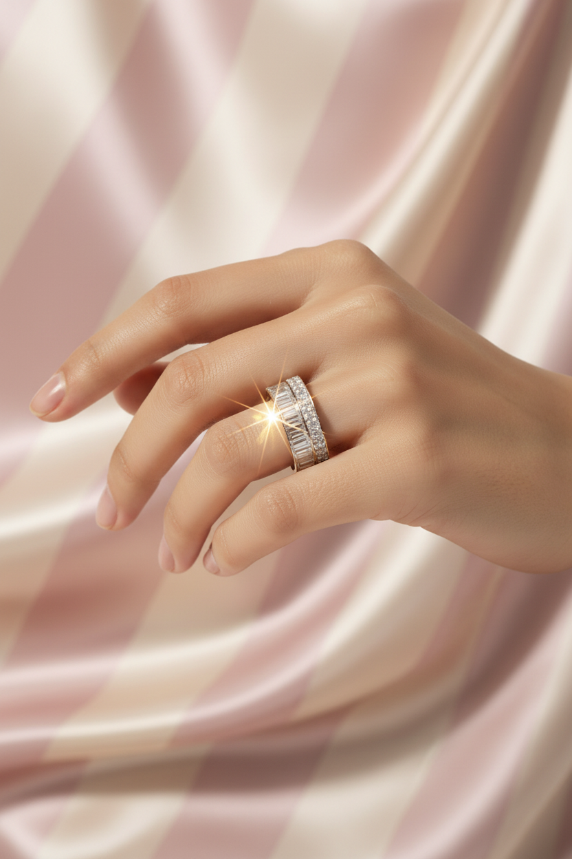 Bague large bicolore or & diamants baguettes portée sur main sur fond rayures rose poudre et crème satiné