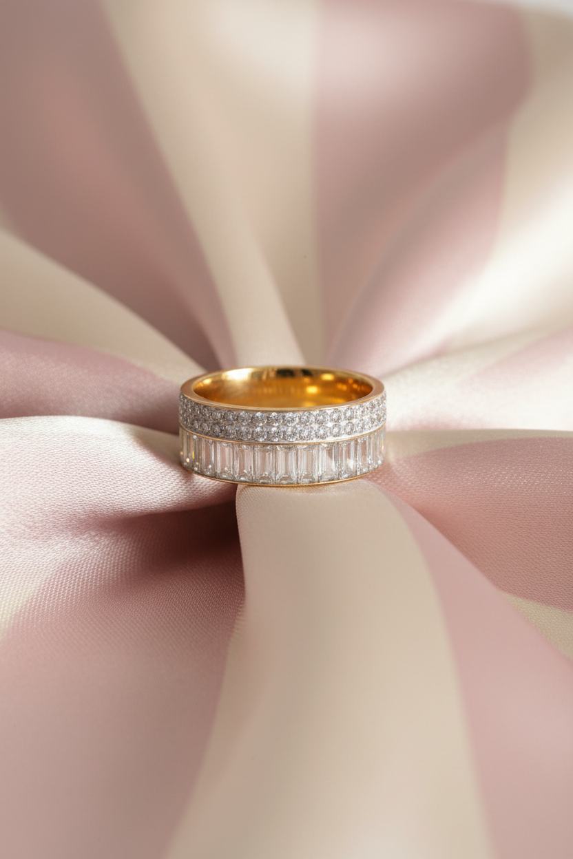 Bague large bicolore or & diamants baguettes vue de face sur rayures rose poudre et crème satiné