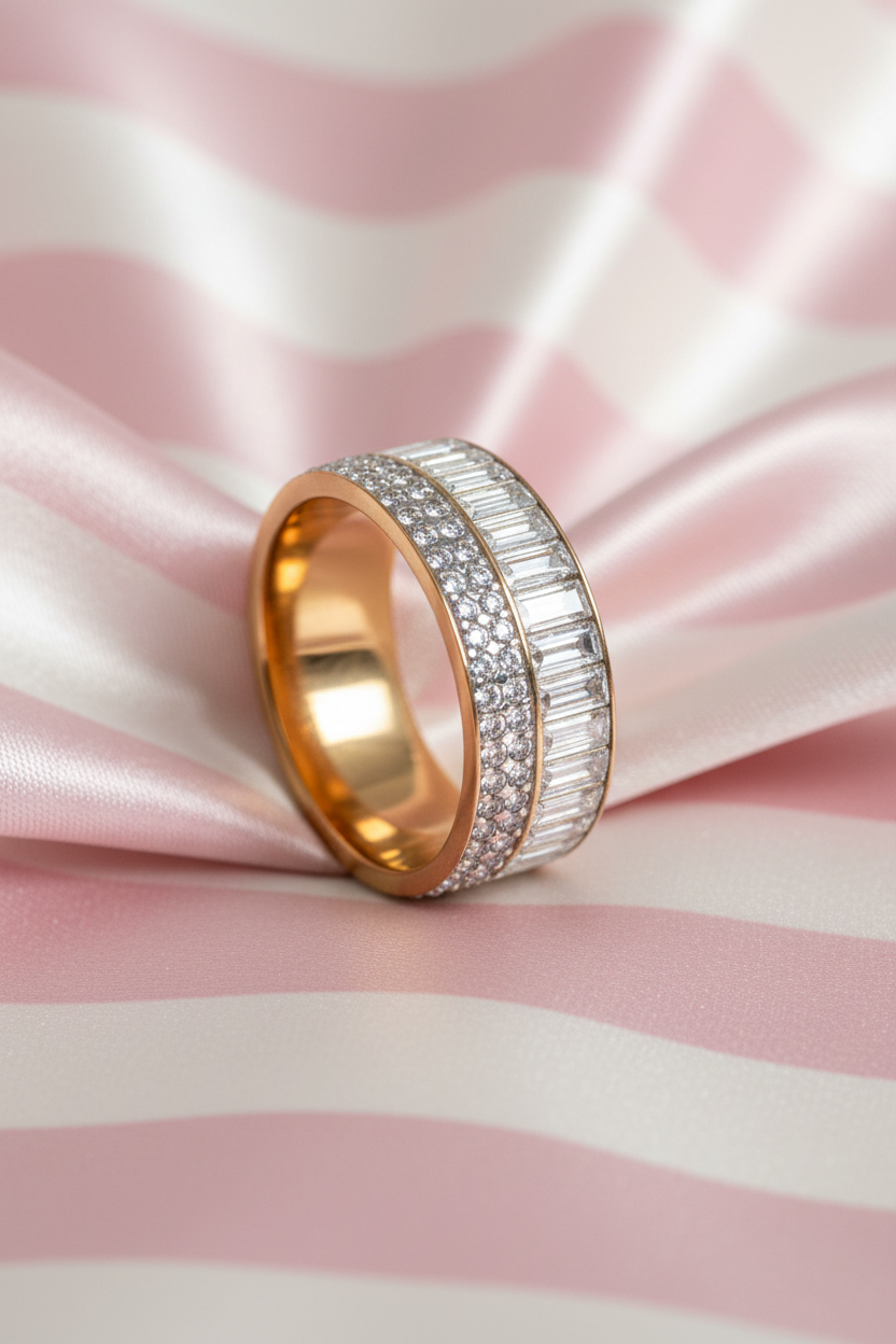 Bague large bicolore or & diamants baguettes vue en angle sur rayures rose poudre et crème satiné