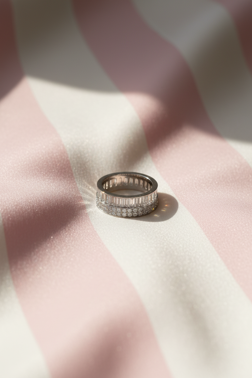 Bague large diamants baguettes argentée vue en angle sur rayures rose poudre et crème satiné