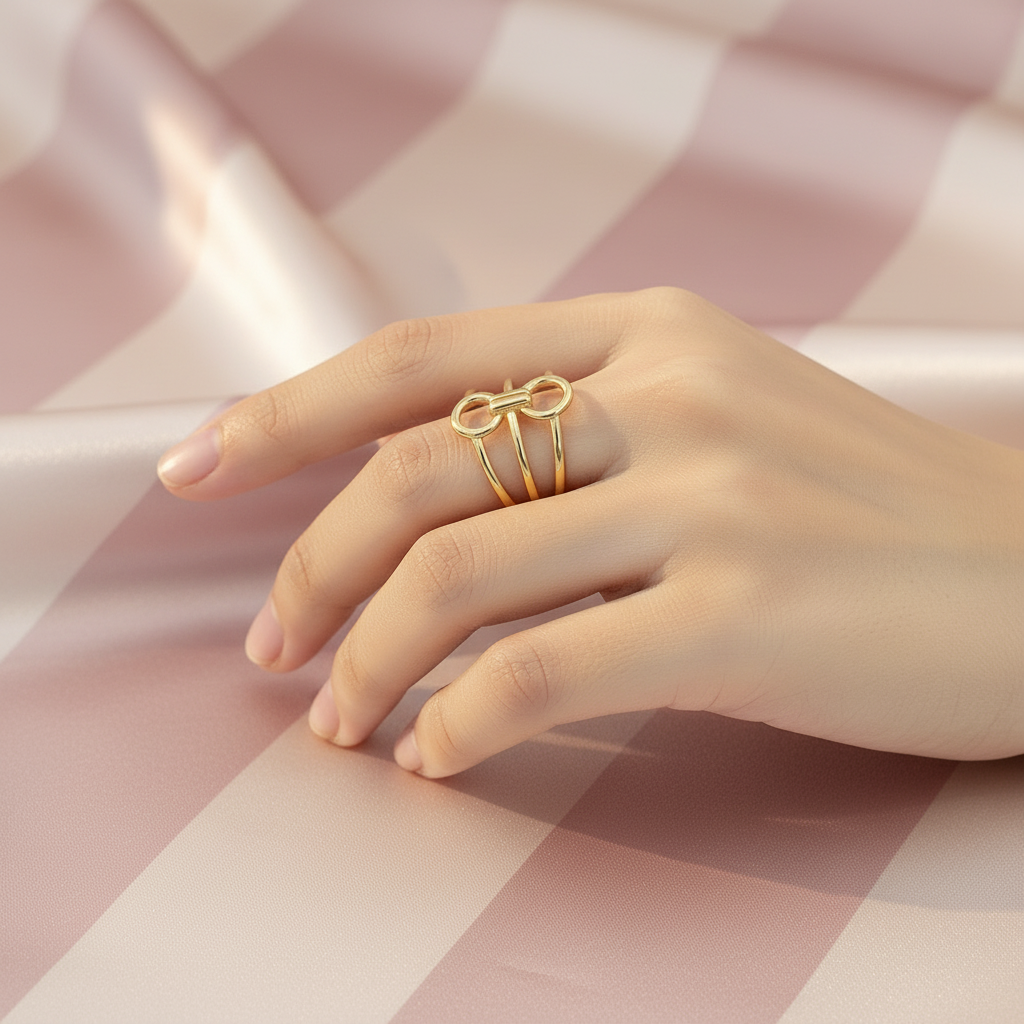 Bague main posée - fond rayé rose crème