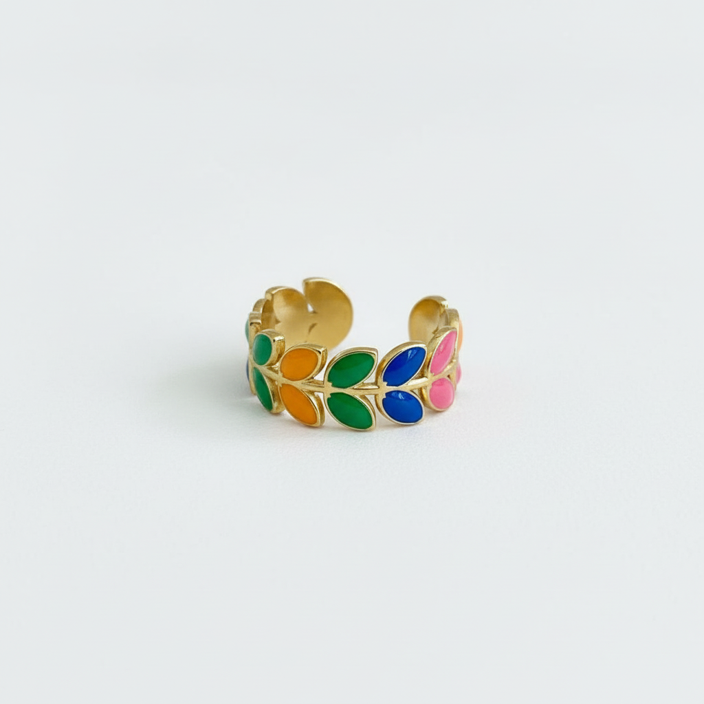 Bague pétales multicolores vue produit sur fond blanc