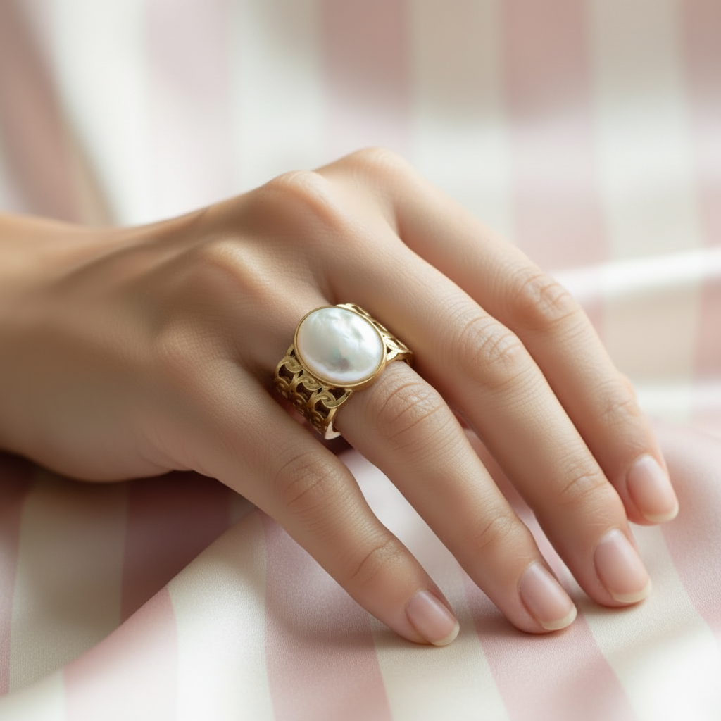 Bague perle baroque filigrane – main rayures