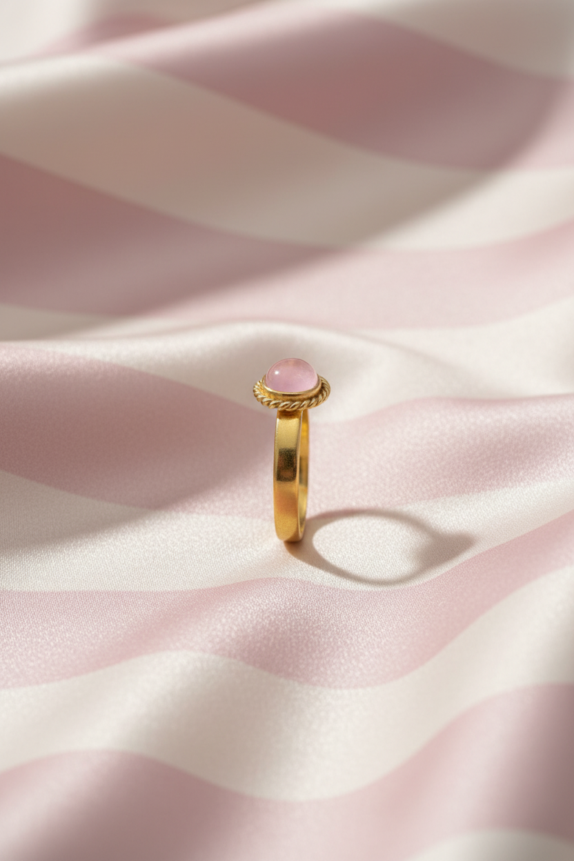 Bague pierre rose unique dorée vue de profil sur rayures rose poudre et crème satiné
