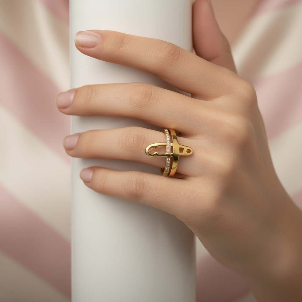 Bague épingle - fond rayé rose satiné 1