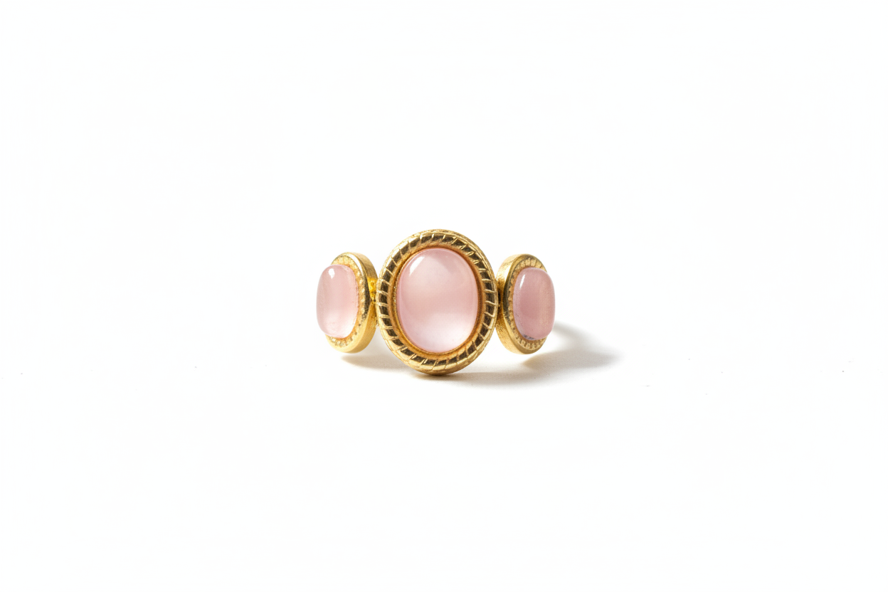 Bague quartz rose trois pierres sur fond blanc