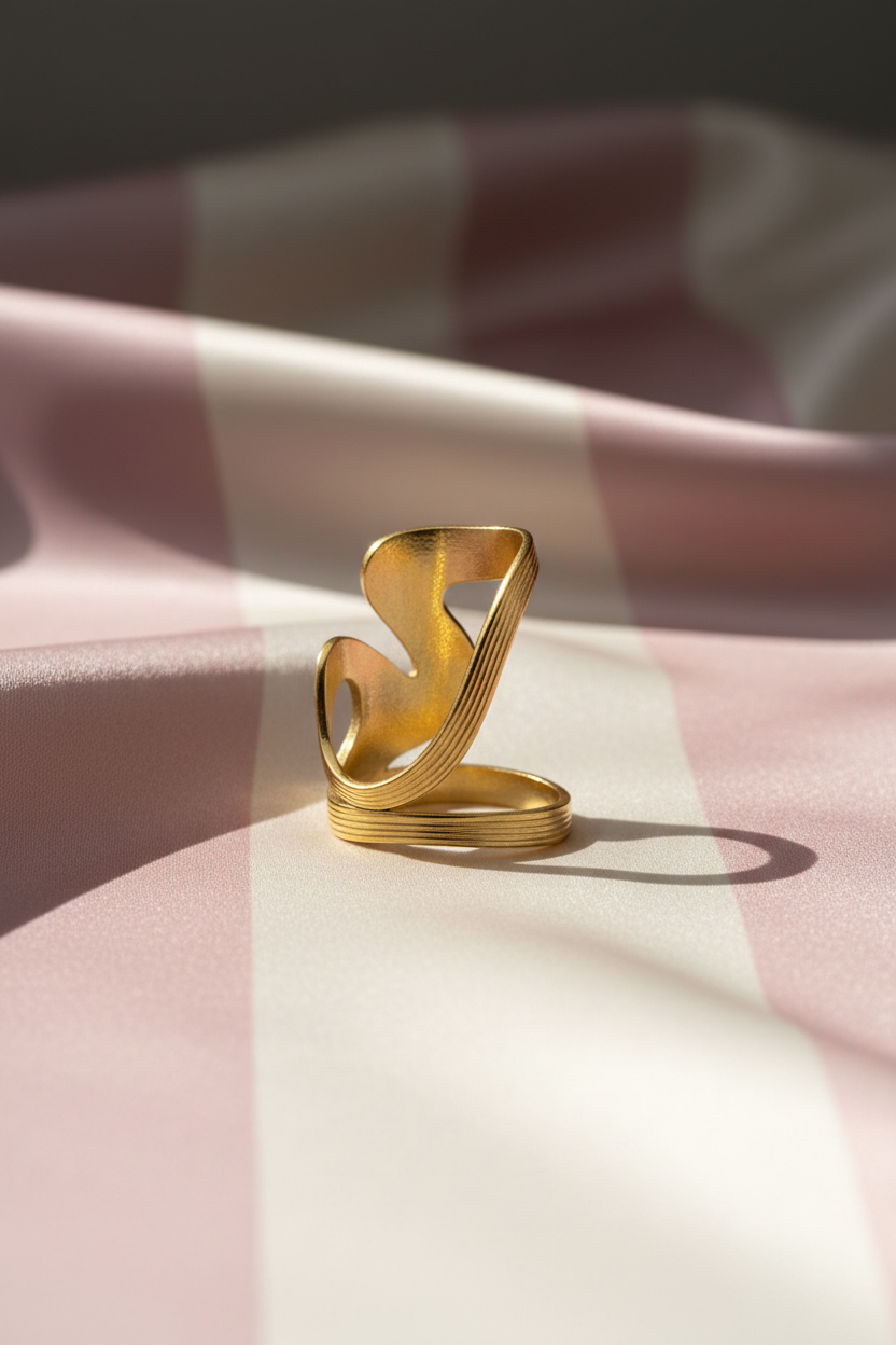 Bague sculptée vagues dorée sur rayures rose poudre et crème satiné
