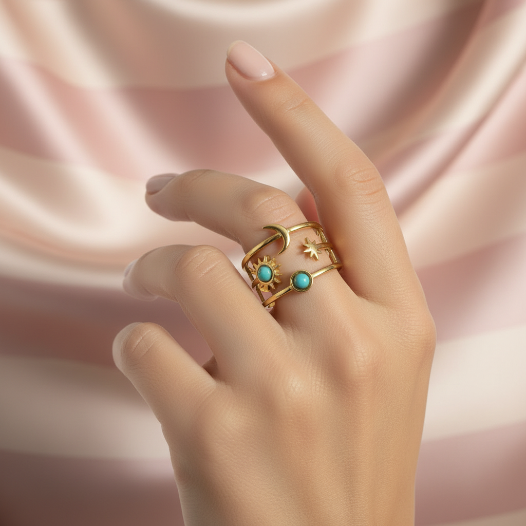 Bague soleil lune étoile – main rayures