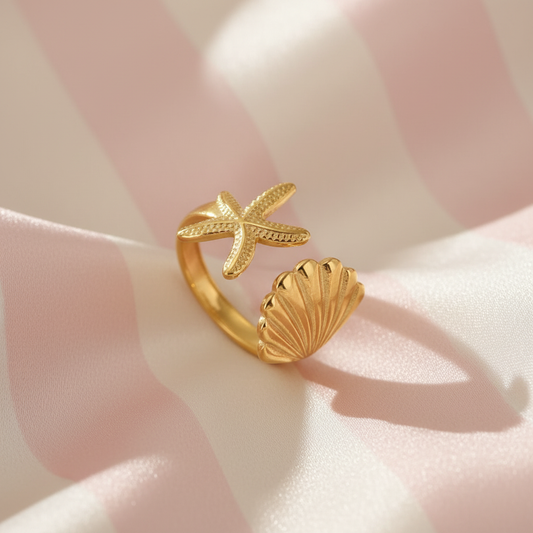 Bague étoile de mer & coquillage - fond rayé rose satiné