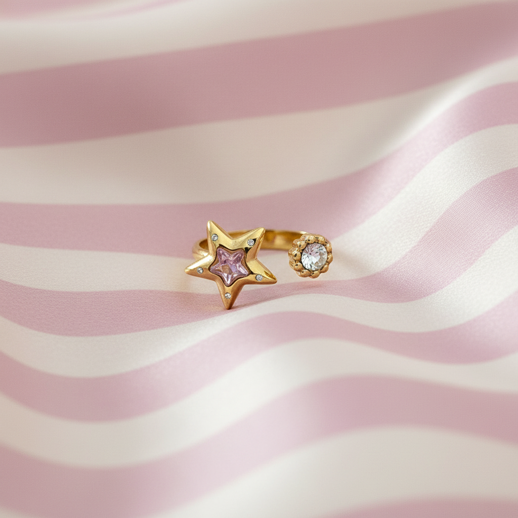 Bague étoile flat lay fond rayures