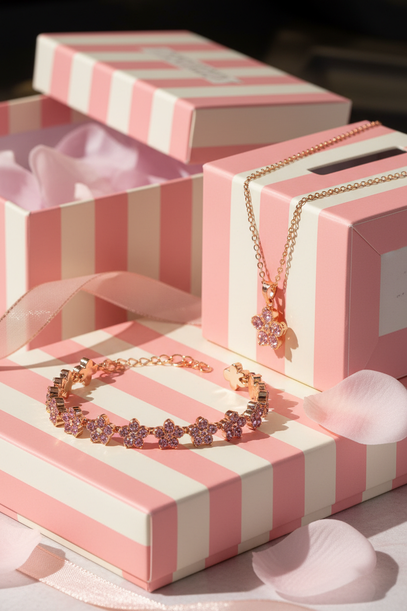 Bijoux sur emballage rose rayé
