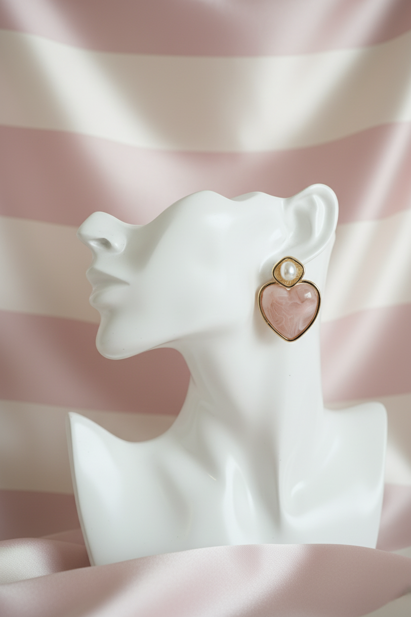 Boucles cœur quartz rose buste - fond rayé