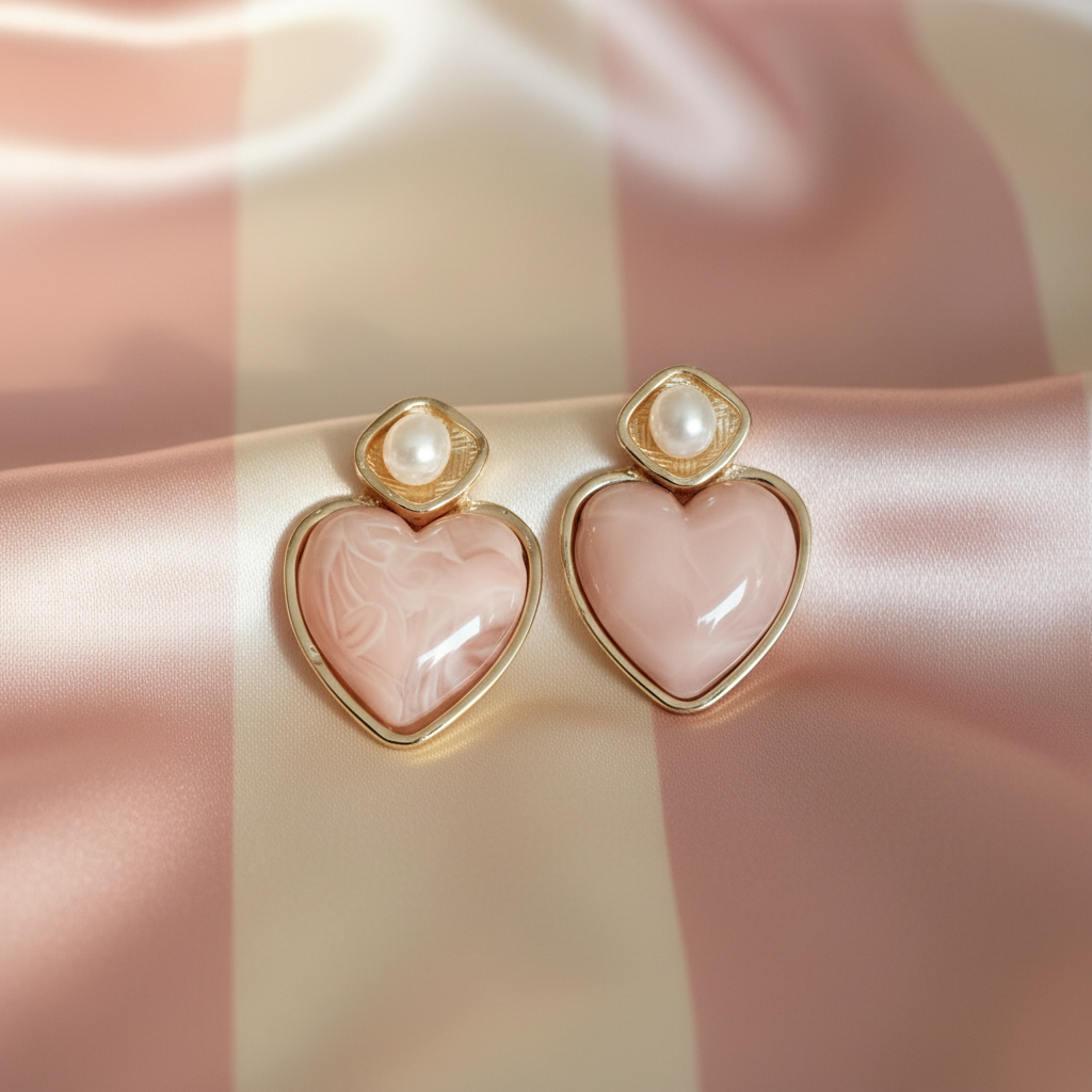 Boucles cœur quartz rose paire - fond rayé