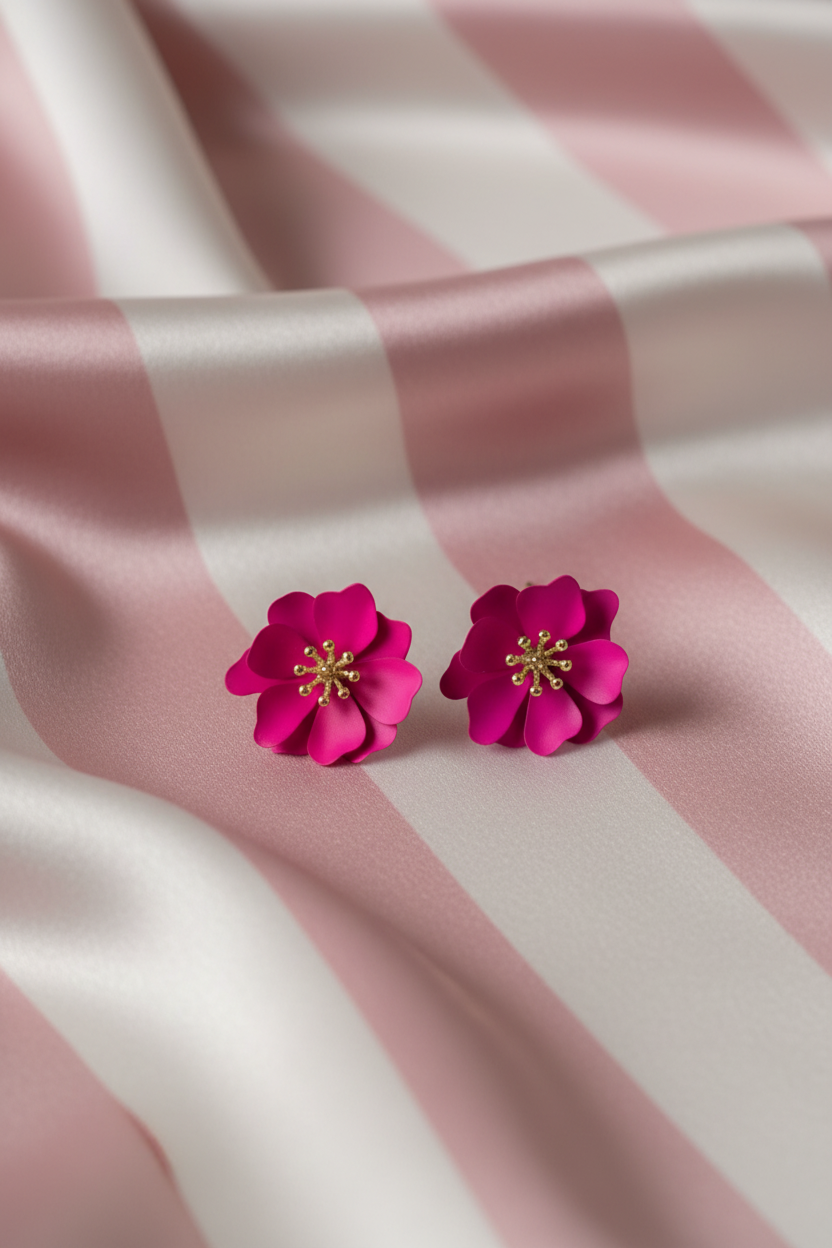 Boucles d'oreilles fleur fuchsia – fond rayures rose poudré & crème