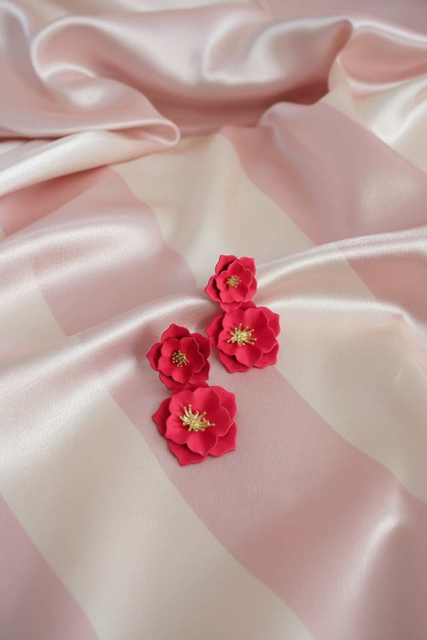 Boucles d'oreilles fleur rouge – fond rayures rose poudré & crème