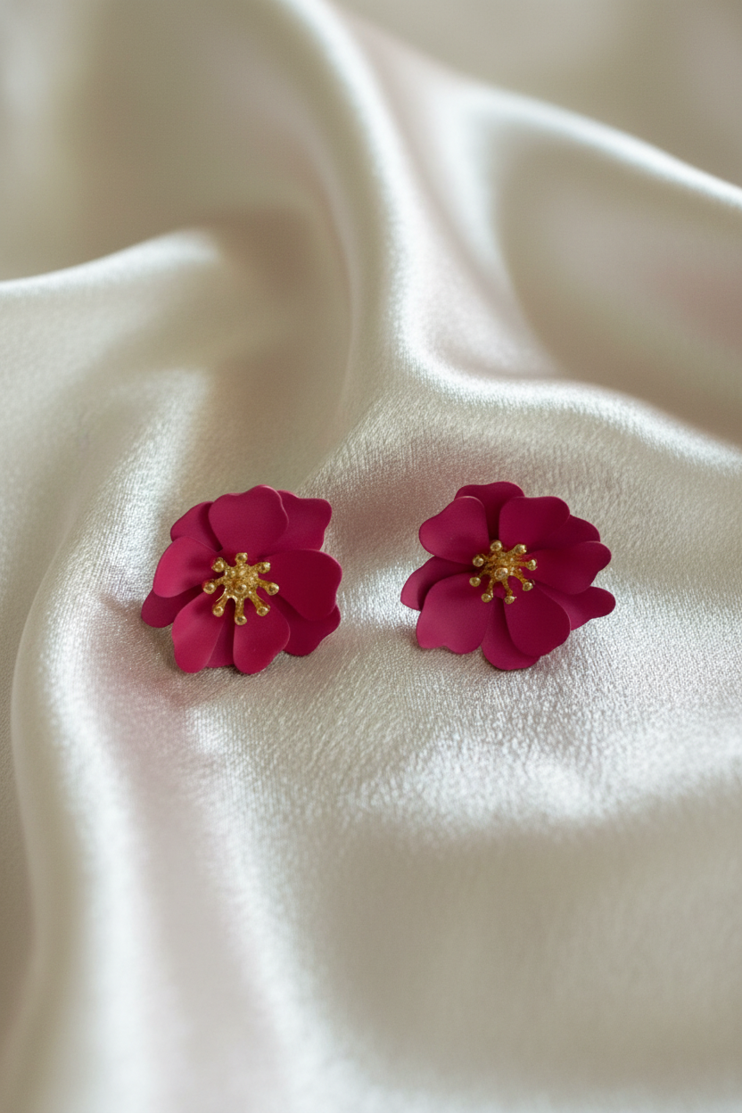 Boucles d'oreilles fleurs fuchsia – fond soie blanche